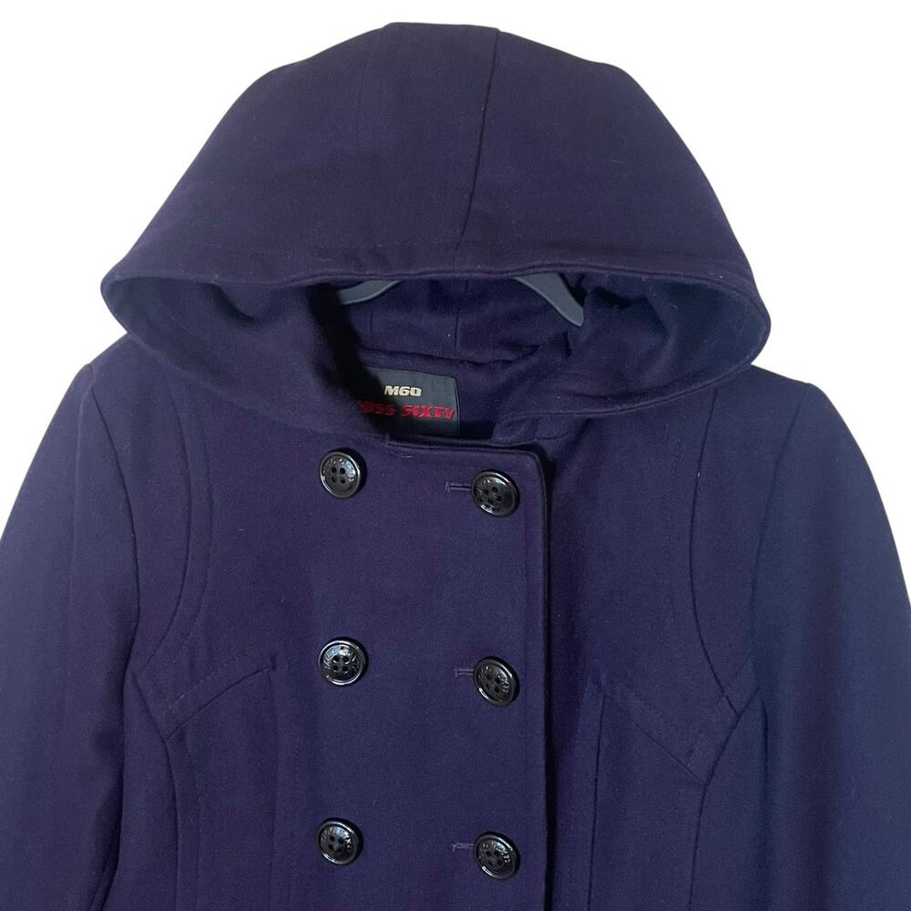VTG Y2K Miss Sixty Double Breasted Purple Wool Blend Hooded Peacoat Large - Picture 3 of 10
